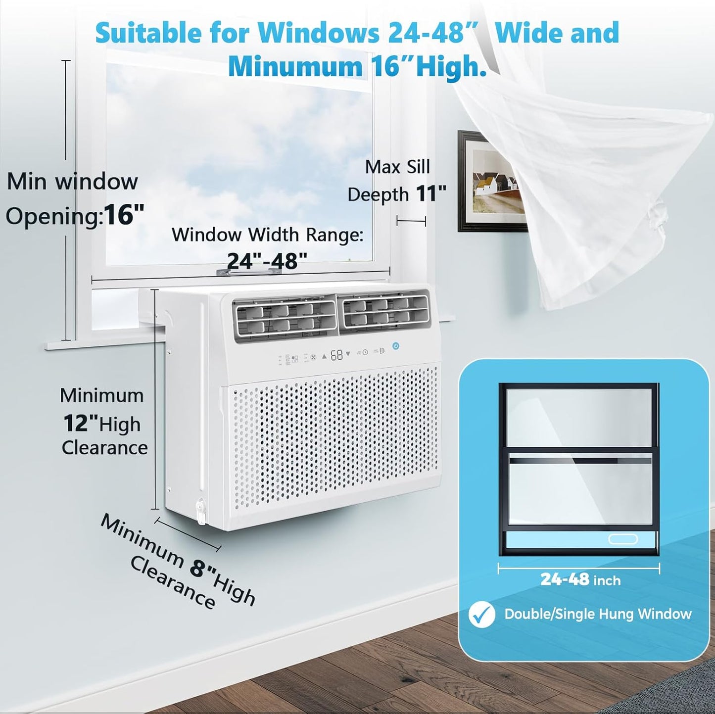Quiet Window Air Conditioner 6000/10,000/1,2000 BTU, Window AC Unit Cooling Room 450sq.ft